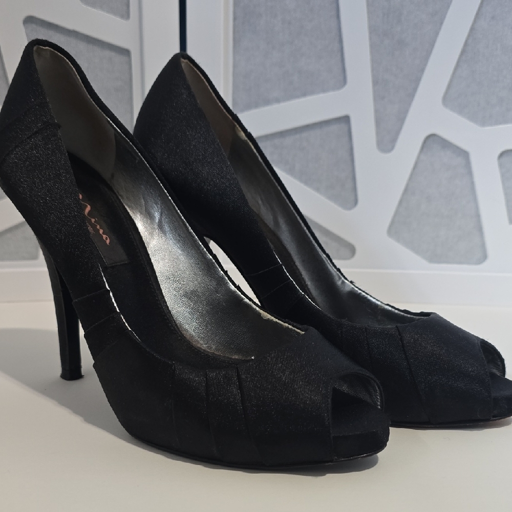 MIA Black Satin Peep-Toe Stiletto Heels